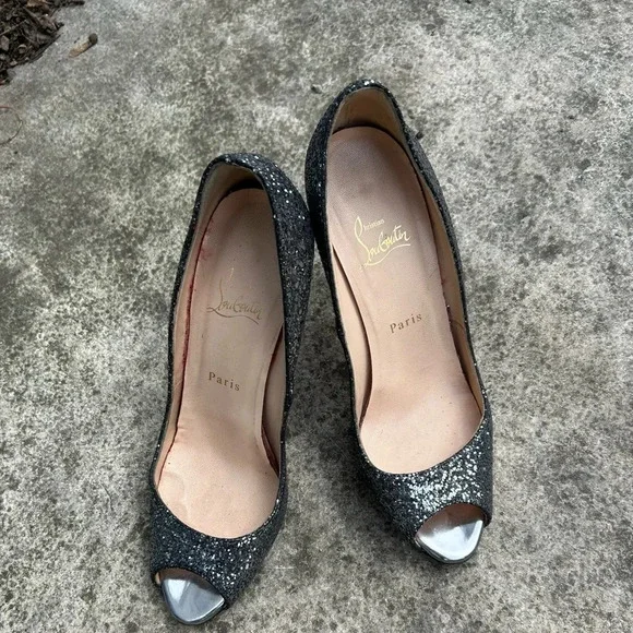 Christian Louboutin Metallic Grey Glitter Very Prive Peep Toe Pumps, Size 38.5 - Picture 15 of 16